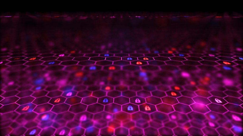 Graphic illustration of data movement and blockchain