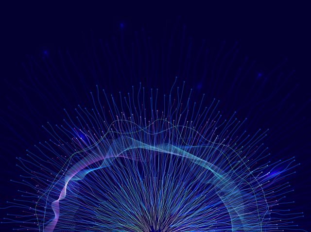 Abstract,Flying,Dragons,On,A,Dark,Blue,Background.,Technological,Background