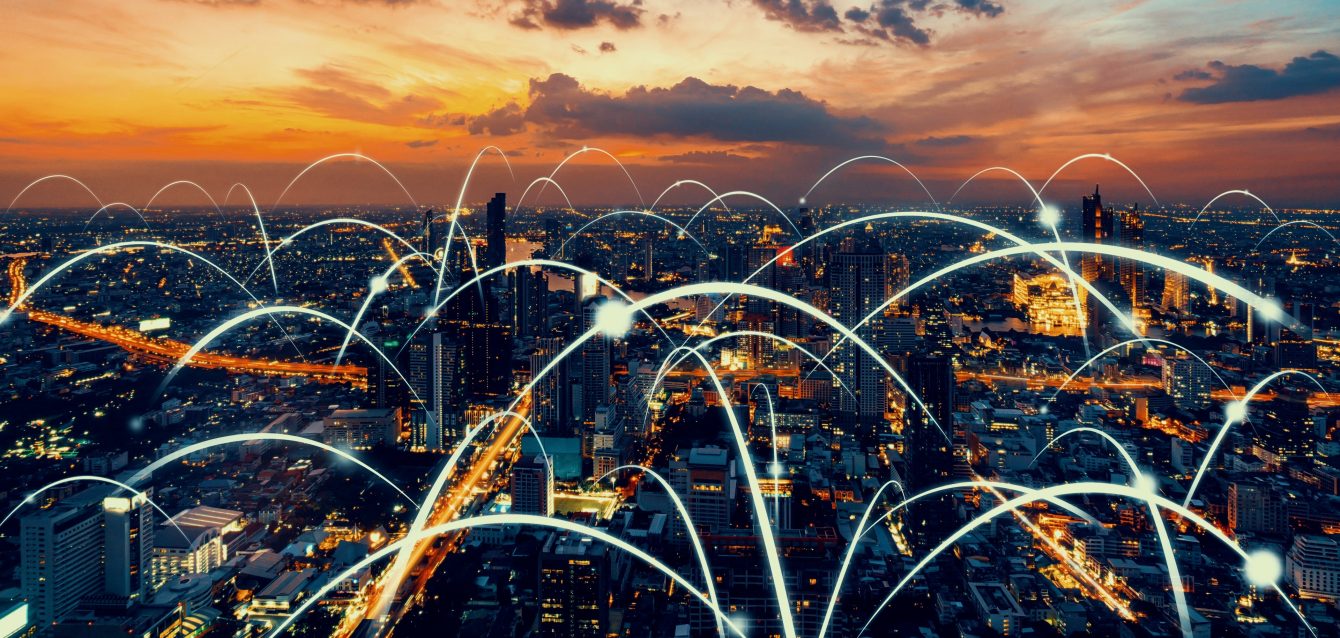 Smart digital city with globalization abstract graphic showing connection network