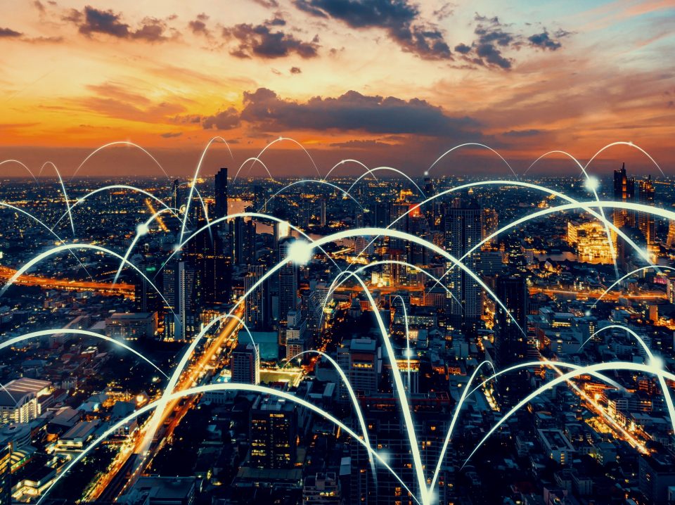 Smart digital city with globalization abstract graphic showing connection network