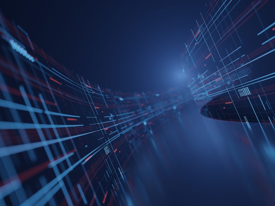 3D Rendering of abstract fast moving circuit lines. High speed motion blur. Concept of leading in business, Hi tech products, business plan, goals and achievement, advanced technology evolution