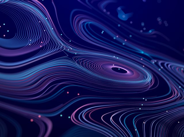 Abstract digital background from rounded colored lines. Information flow space. Big data visualization. 3D rendering.