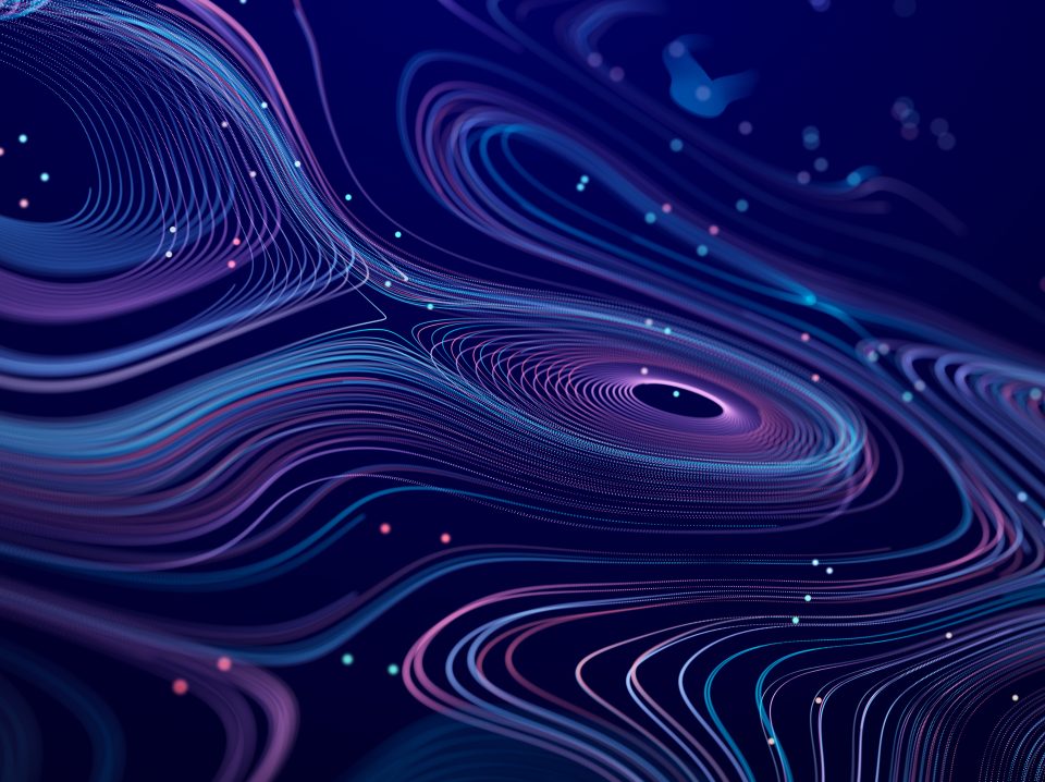 Abstract digital background from rounded colored lines. Information flow space. Big data visualization. 3D rendering.