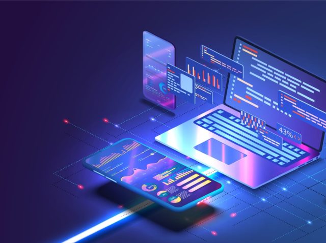 Application of Smartphone with business graph and analytics data on isometric mobile phone. Analysis trends and software development coding process concept. Programming, testing cross platform code