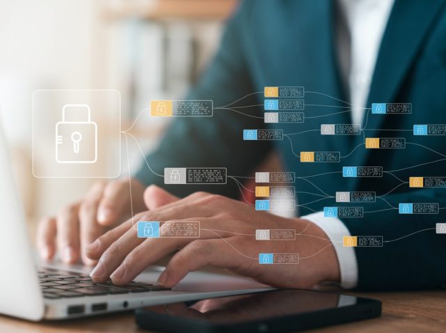 cybersecurity and privacy concept of data protection, secure encryption technology, secure internet access, secure encryption of user private data, Business confidentiality security.