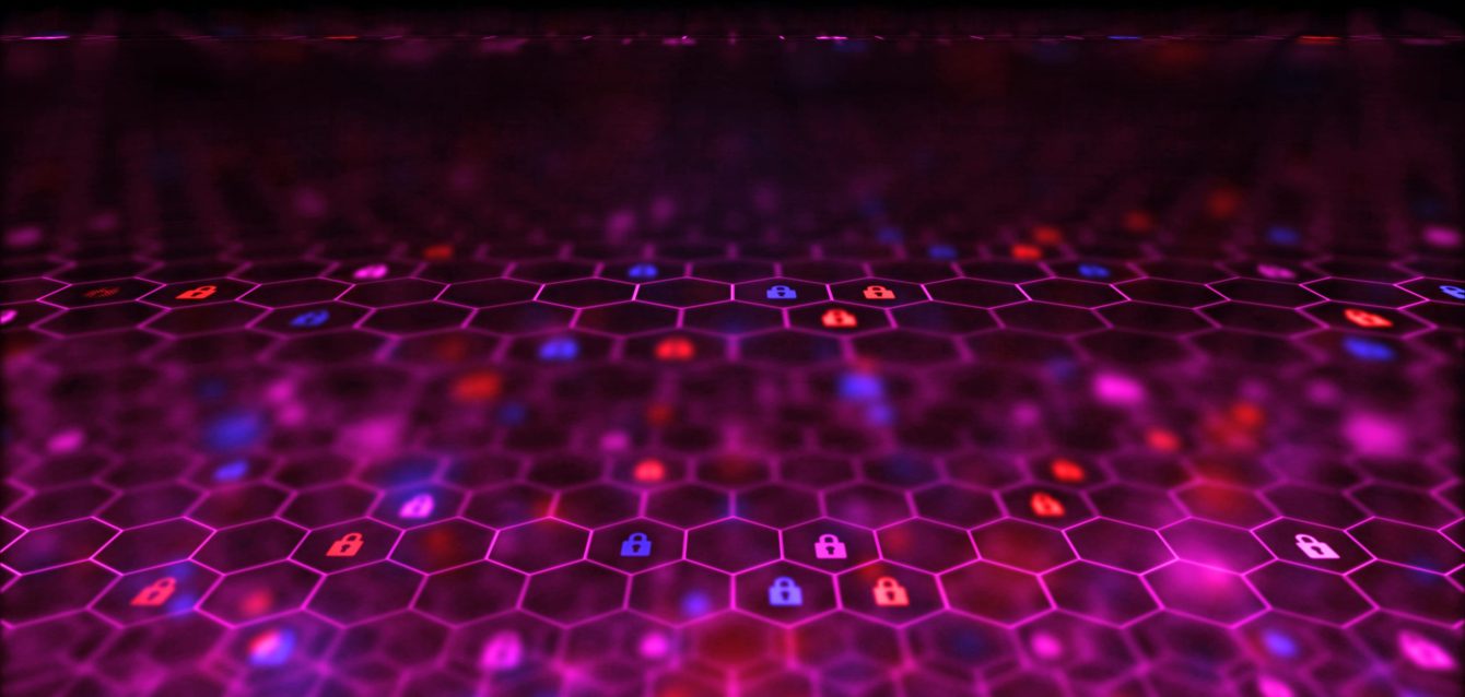 Graphic illustration of data movement and blockchain